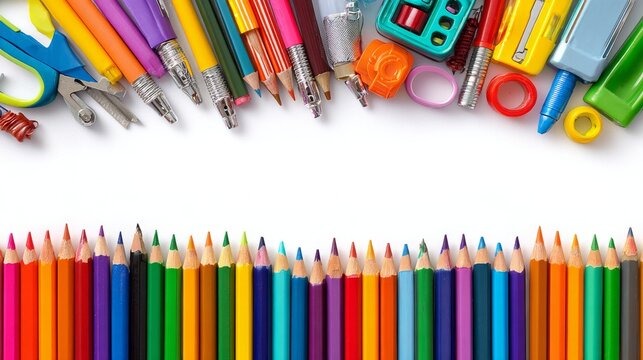 School supplies double border frame on white background with copy space, top view back to school education concept featuring colorful stationery, notebooks, pencils, markers and learning materials arr