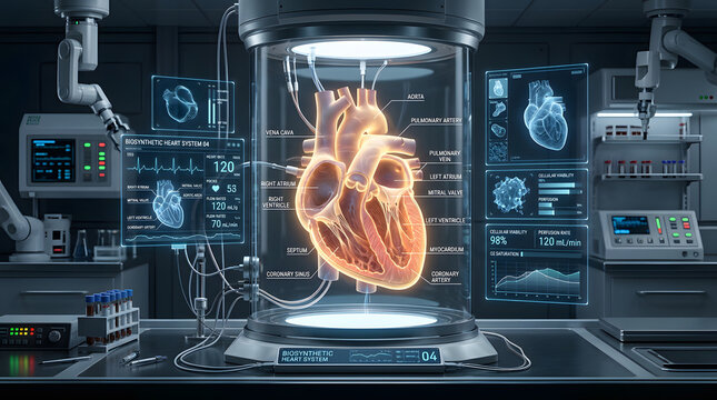 Orange glowing heart inside glass cylinder in medical lab.