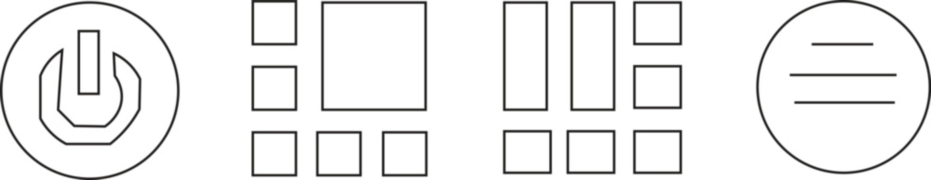 Minimalist line icons for user interface design, thin stroke power button and menu symbols, geometric grid and layout wireframe vector elements