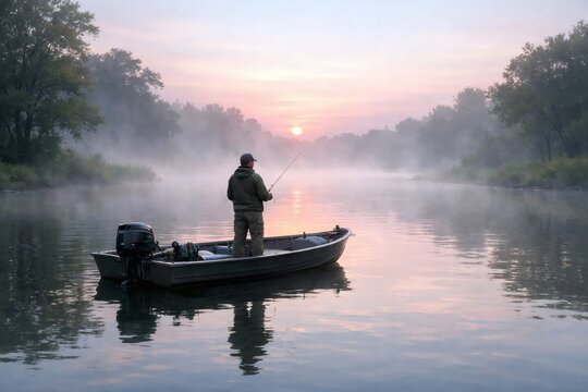 Serene fisherman at dawn misty river peaceful sunrise tranquil nature scene