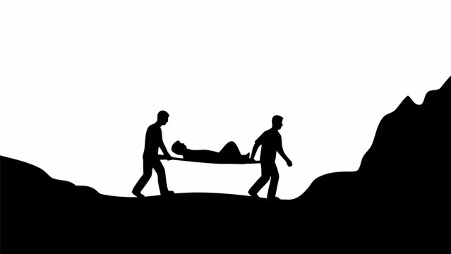 Rescue team helping injured person on stretcher in black silhouette vector