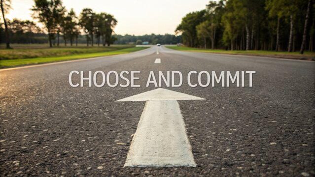 Road to Success with Motivational Phrase Choose and Commit in Nature Scene Depicting Journey and Decision-Making on Open Highway