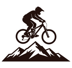Naklejka premium cyclist riding bike on mountain peak landscape silhouette