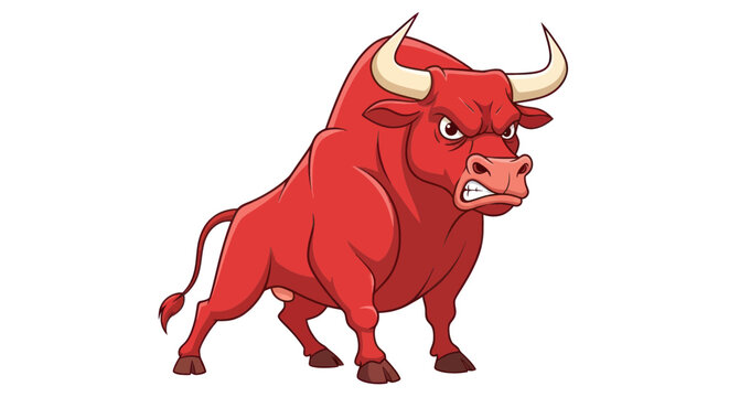 Red cartoon bull with horns standing.