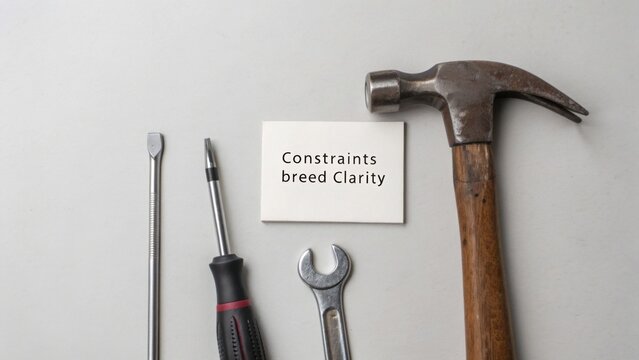 Tools and Card with Text on Table Emphasizing Relationship Between Constraints and Clarity in Work or Life