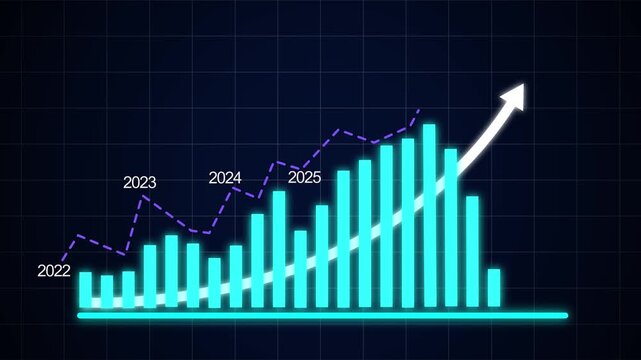 Dynamic financial growth bar chart animation featuring rising neon blue statistical data trends with upward arrow projection for annual corporate performance analysis and future market forecasting