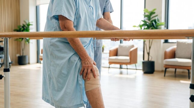 Elderly patient exercising on parallel bars with therapist in clinic