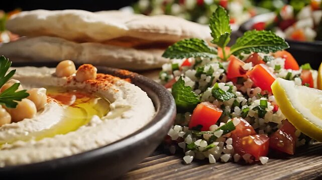 Delicious Hummus Platter with Pita Bread and Tabbouleh Salad.