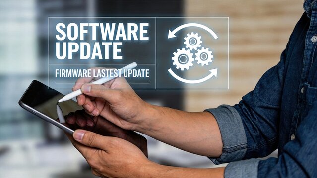Software update and firmware latest version concept with gear icon, hand holding tablet with stylus, system maintenance, upgrade notification, and technical support for mobile