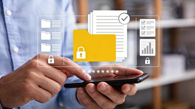 Smartphone security concept with locked folder icon, data protection, privacy encryption, password authentication, digital file storage, cyber safety, mobile banking app