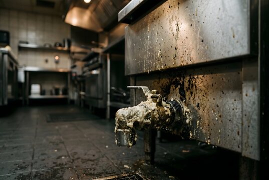 Close-up of commercial deep fryer drain valve looking down with solidified fat and grease