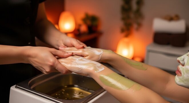 Woman receiving a paraffin wax hand treatment at a beauty spa.