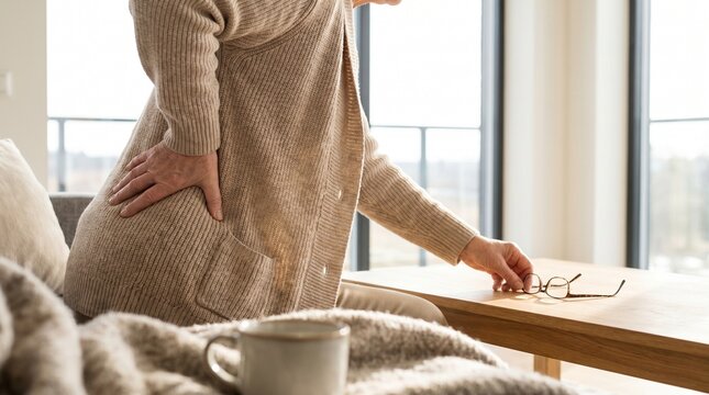 Elderly woman holding her painful lower back while sitting at home