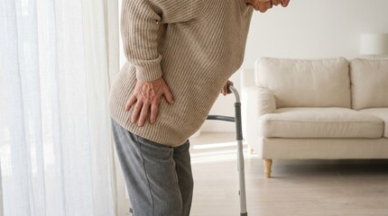 Fototapeta premium Elderly woman with hip pain using a walker at home in the living room