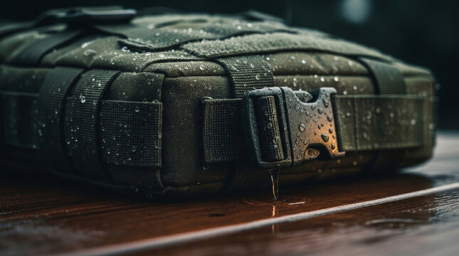 Olive drab green military grade rucksack covered in rain drops sitting on wet wooden picnic table outside in a dark forest with a strong light source.