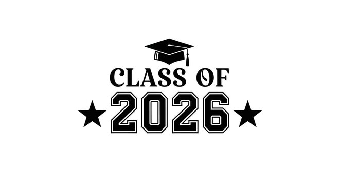 Class of 2026 graduation design with mortarboard cap and stars isolated on white background