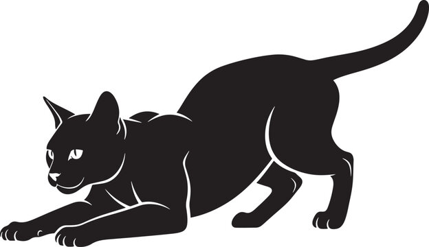 sleek black silhouette of a cat in a dynamic crouching pose with extended claws and tail