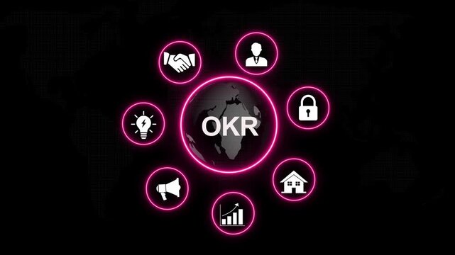 Dynamic okr objectives and key results business strategy animation featuring rotating neon and global connectivity network for corporate management, performance tracking, and growth planning