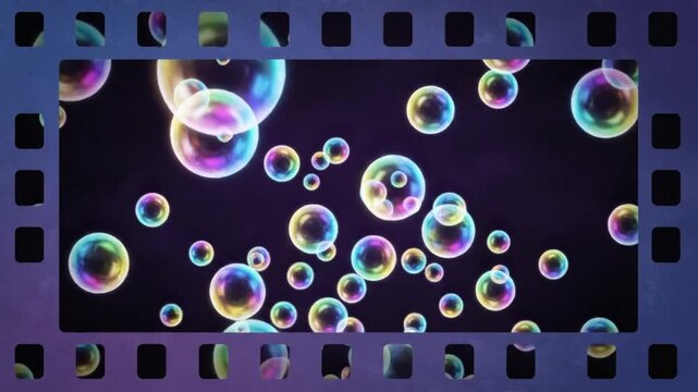 Colorful soap bubbles floating against a dark background, framed in a retro film strip format for vibrant visual display