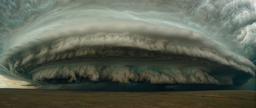 Cinematic dramatic supercell storm cloud formation looming over open landscape, extreme weather and atmospheric phenomenon concept, editorial environment photography with copy space