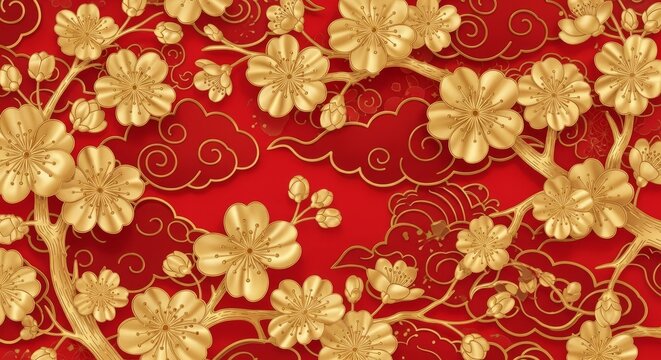 Chinese pattern golden plum blossom flowers and clouds on red background with traditional, oriental