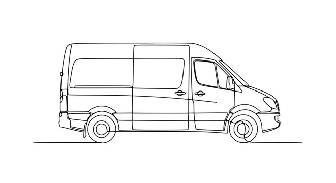 Continuous Line Drawing of a White Cargo Van Side View on White Background