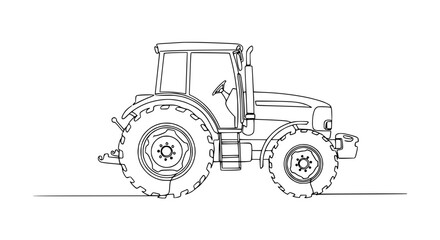 Minimalist single line drawing of a farm tractor, side view, white background, clean illustration © Wesi