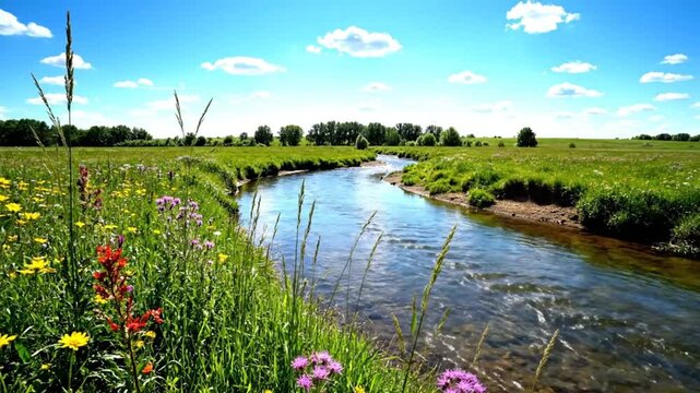 Scenic peaceful flowing river with colorful wildflowers, green grass, and a bright blue sky on a sunny day