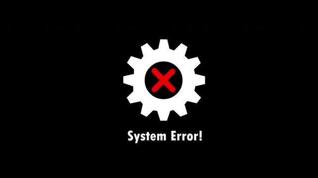 System Error Warning Animation with Gear Symbol and Failure Notification on Black Background