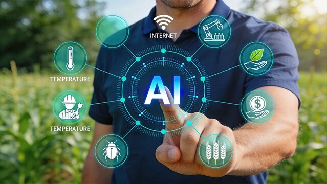Smart agriculture farming technology with AI artificial intelligence interface, crop monitoring and automated irrigation system icons, sustainable food production and agricultural