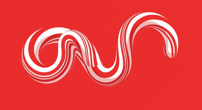 Abstract wavy candy cane swirl against a vibrant red background, a festive and sweet winter holiday design element