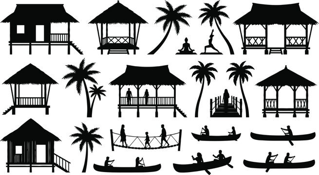 Tropical stilt houses and palm trees vector icons