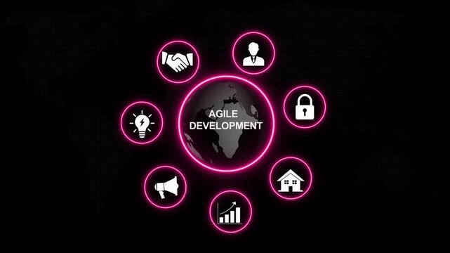 Dynamic agile development concept infographic featuring rotating neon and global business connectivity for modern corporate presentations, software engineering strategy, and digital transformation