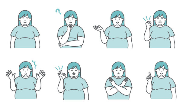 肥満体型（ぽっちゃり）の女性の表情・ポーズ8点セットのイラスト