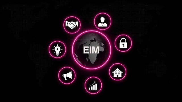 Enterprise information management eim concept featuring animated global network with glowing neon circular borders and digital map background, for corporate business, data strategy presentations