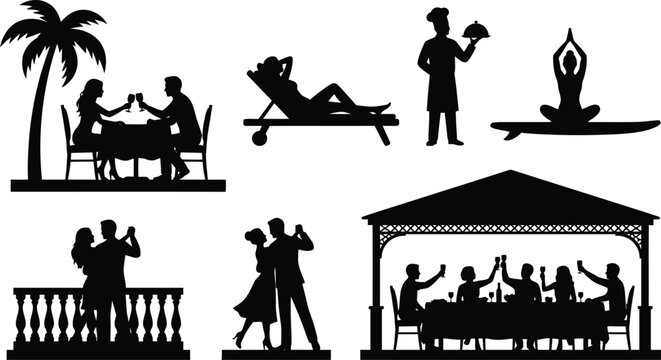 Vacation activities and resort lifestyle silhouettes