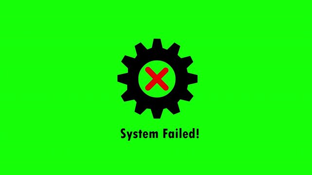 System Failed Error Message with Gear Icon Animation on Green Chroma Key Background