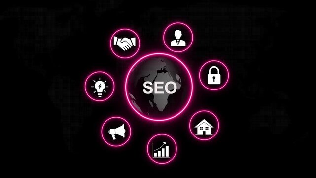 Dynamic seo optimization concept featuring rotating global network with glowing neon pink circles and digital marketing strategy symbols for business growth and online search engine visibility