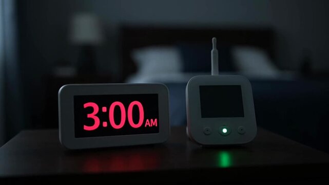 Two electronic devices on a table in a dark room showing 3:00 AM.