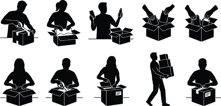 People unpacking and handling delivery boxes