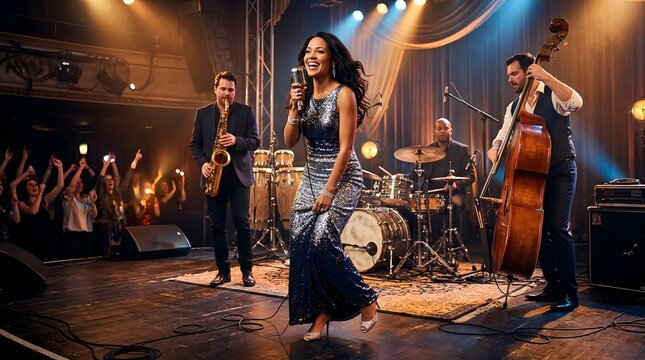 Live Singer Performance on Stage with Jazz Band Musicians