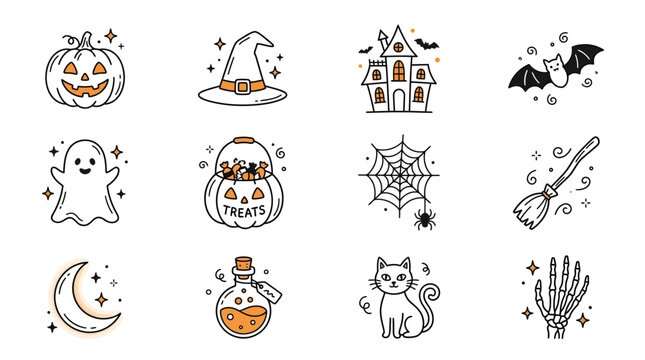A collection of cute Halloween-themed line art icons featuring pumpkins, ghosts, bats, a haunted house, witch hat, spiderweb, broom, moon, potion, cat, and skeleton hand.