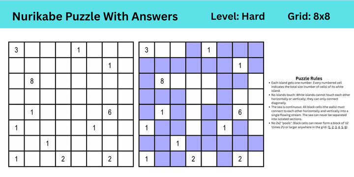Nurikabe Puzzle With Answers Level Hard Grid 8x8 best to enhance brain muscle memory for both kids and adults perfect for digital use or large print activity or books publishing