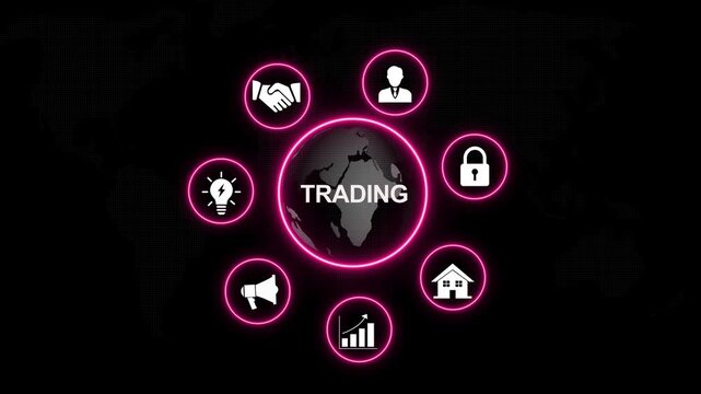 Global financial trading concept with animated neon representing market growth, business strategy, digital security, real estate investment, and corporate networking on a dark map background
