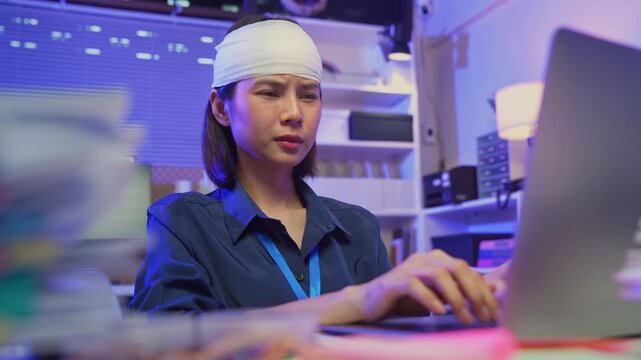 Injured young Asian office worker wearing head bandage while working on laptop in office, health and work pressure concept.