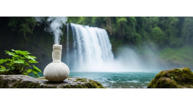 Relaxing spa concept with herbal compress ball and tropical waterfall.
