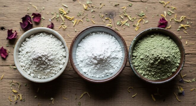 Assortment of Natural Cosmetic Clay Powders for Skincare and Spa Treatments.
