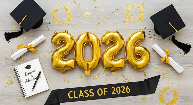 Graduation class of 2026 celebration background with gold balloons, mortarboards, diplomas, and notebook