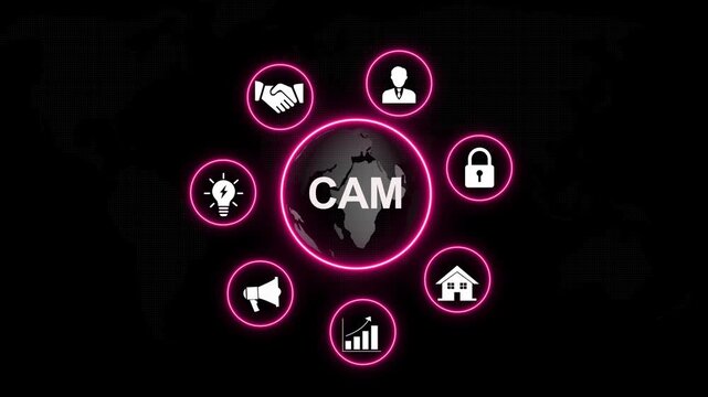 Dynamic digital cam concept featuring rotating neon infographic surrounding a central globe for global business management, strategic planning, corporate security, and modern marketing solutions