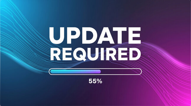 Update required concept illustrating system maintenance, software upgrade, or security patch installation with a progress bar at 55% completion.
